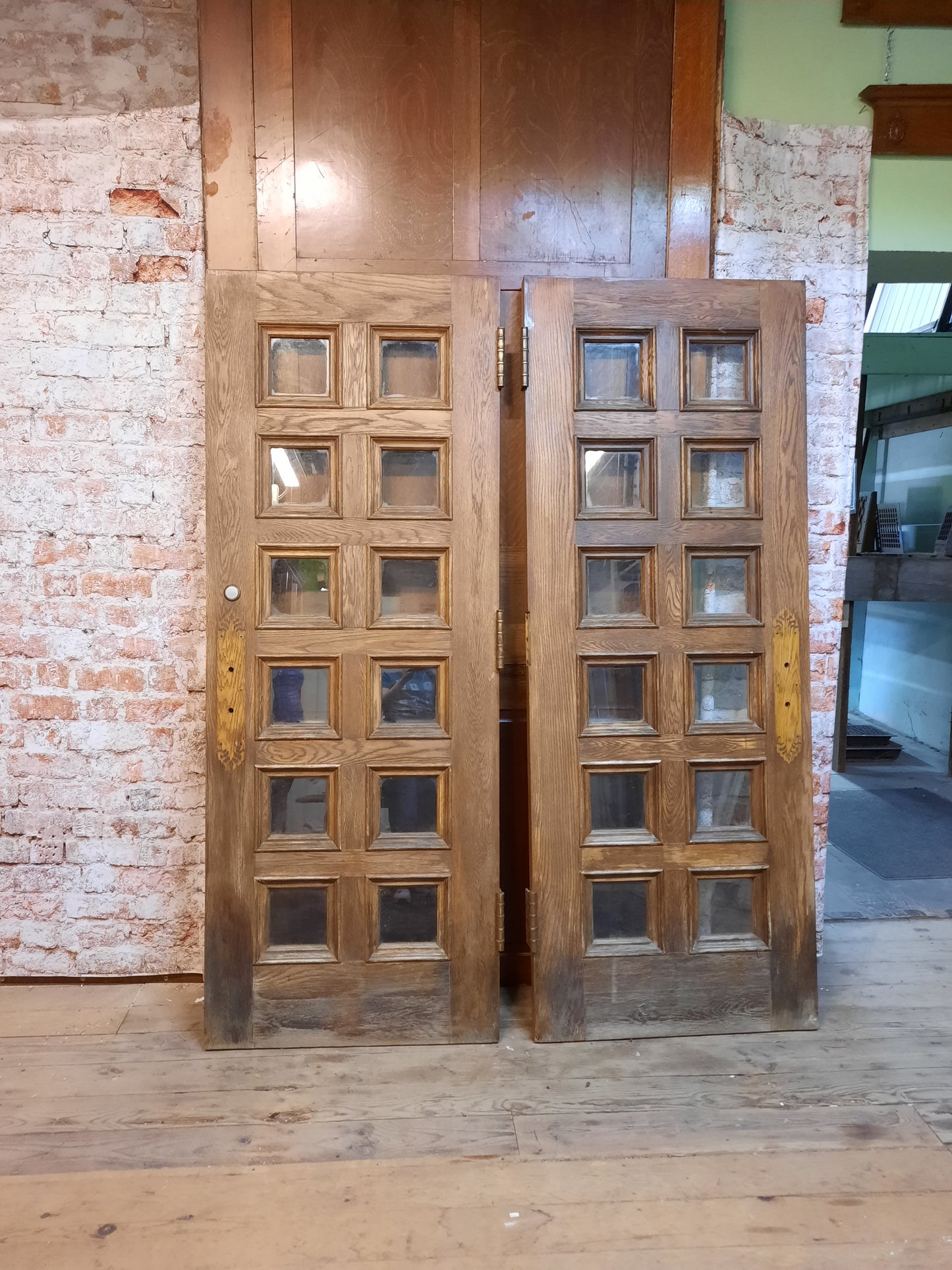 Large Vintage Wood and Glass Church Doors, Double Glass Entry Doors, Heavy Glass Church Doors