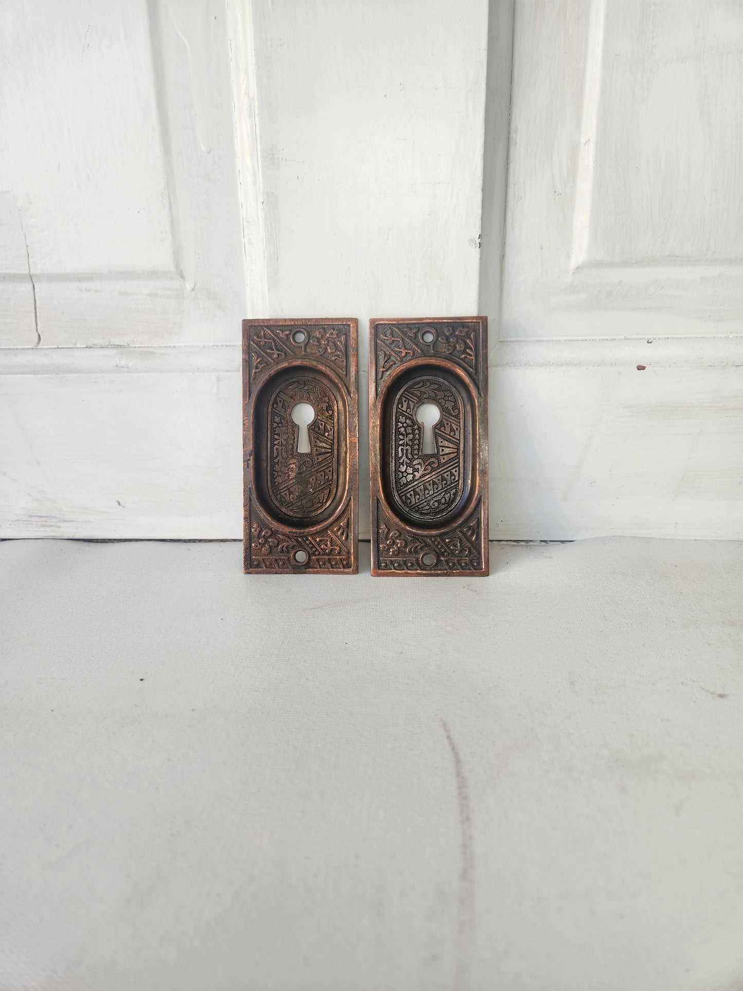 Ceylon Design Stamped Bronze Pocket Door Pulls, Antique Rolling Door Handles 040601