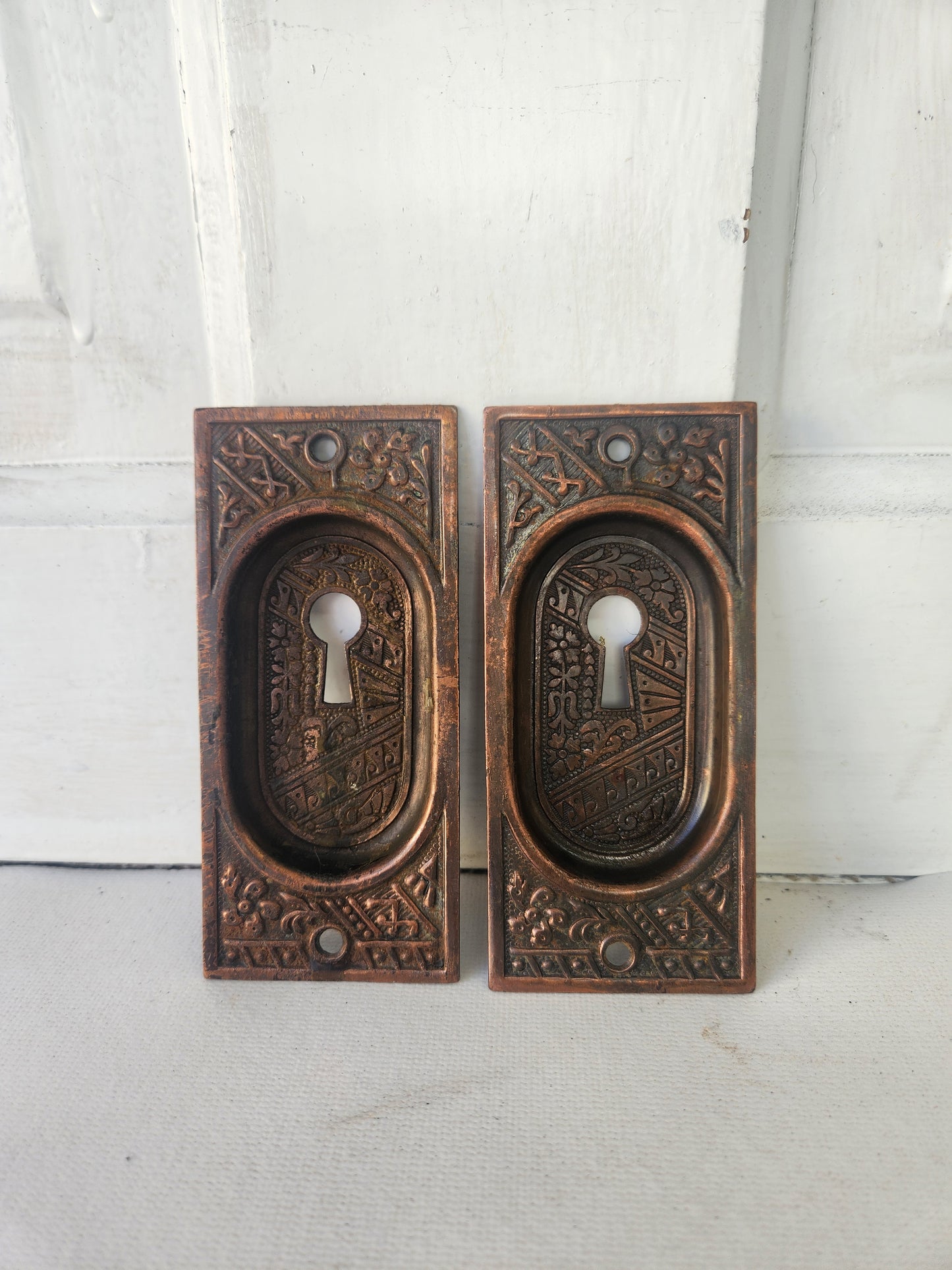 Ceylon Design Stamped Bronze Pocket Door Pulls, Antique Rolling Door Handles 040601