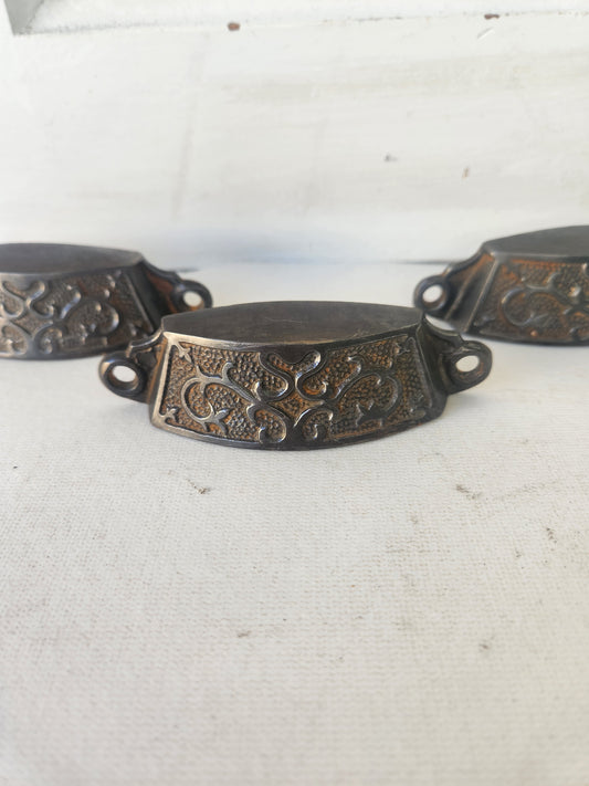 Three Iron Pulls with Flower Detail, Antique Floral Design Pull, Cast Iron Antique Victorian Hardware 040602