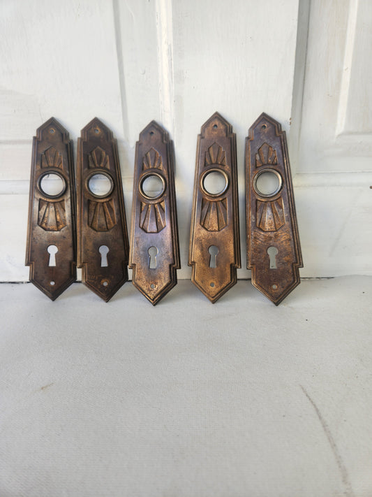 Two Brass Plates Art Deco Backplates, Deco Doorknob Escutcheon Plates 040604