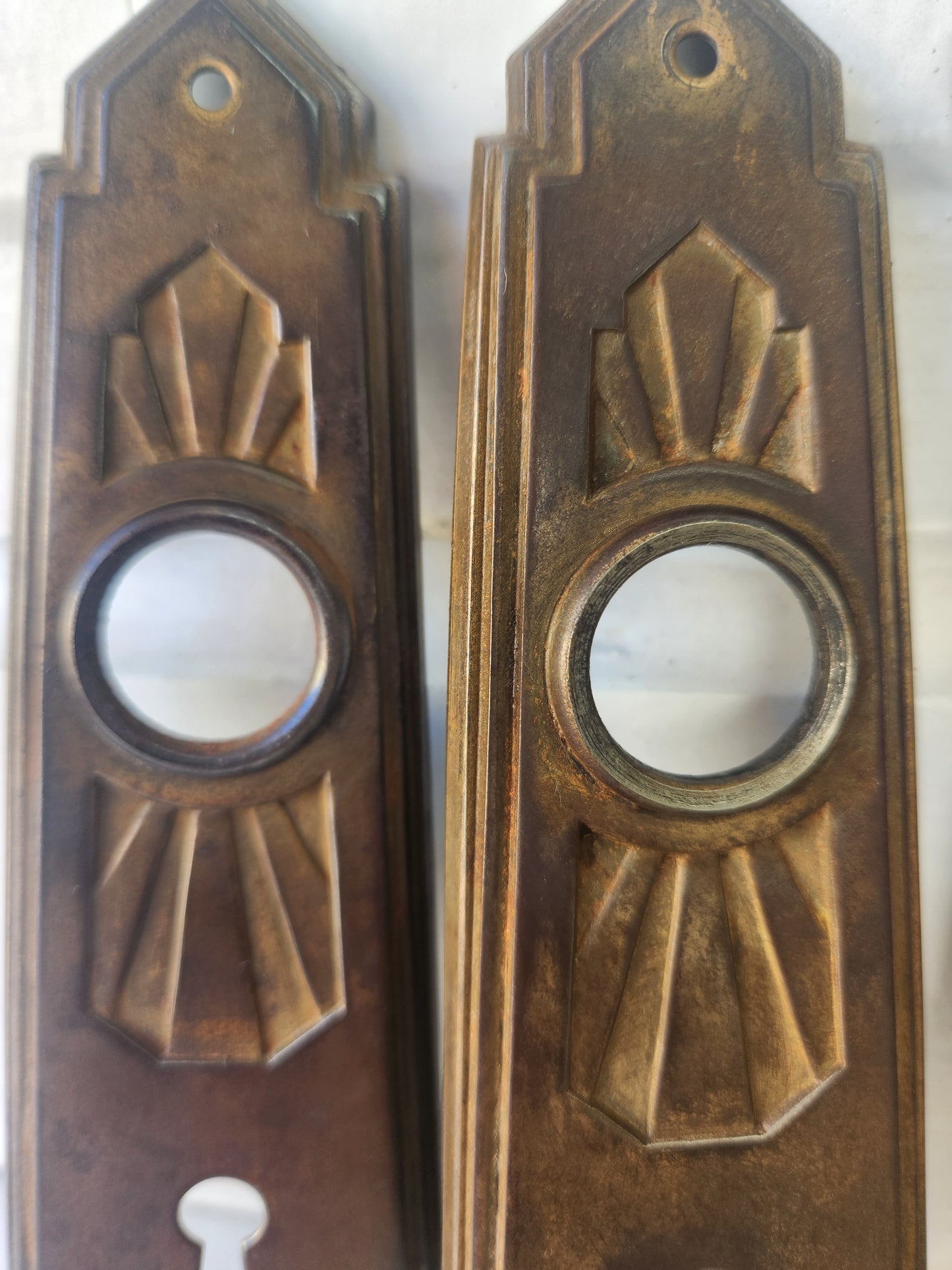 Two Brass Plates Art Deco Backplates, Deco Doorknob Escutcheon Plates 040604