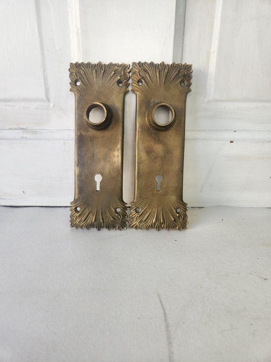 Pair of Antique Bronze Door Knob Plates, Ornate Bronze Doorknob Escutcheons 040605