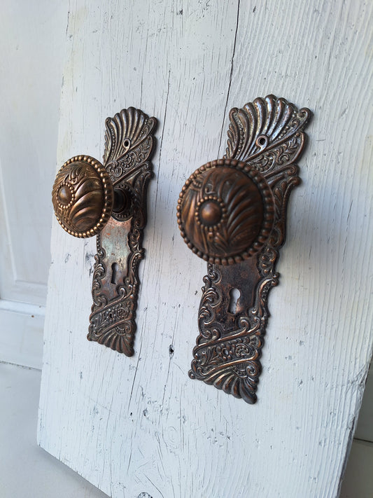 Complete Set of Roanoke Antique Bronze Door Hardware, Ornate Victorian Stamped Bronze Doorknobs Plates 040904