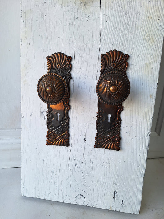 Complete Set of Roanoke Antique Bronze Door Hardware, Ornate Victorian Stamped Bronze Doorknobs Plates 040905