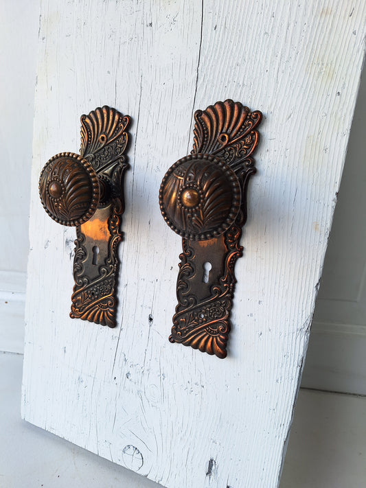 Complete Set of Roanoke Antique Bronze Door Hardware, Ornate Victorian Stamped Bronze Doorknobs Plates 040905