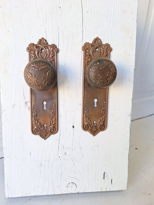 Bronze Finish Lorraine Pattern Hardware Set by Corbin, Matching Copper Backplates and Door Knobs