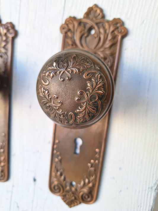 Bronze Finish Lorraine Pattern Hardware Set by Corbin, Matching Copper Backplates and Door Knobs