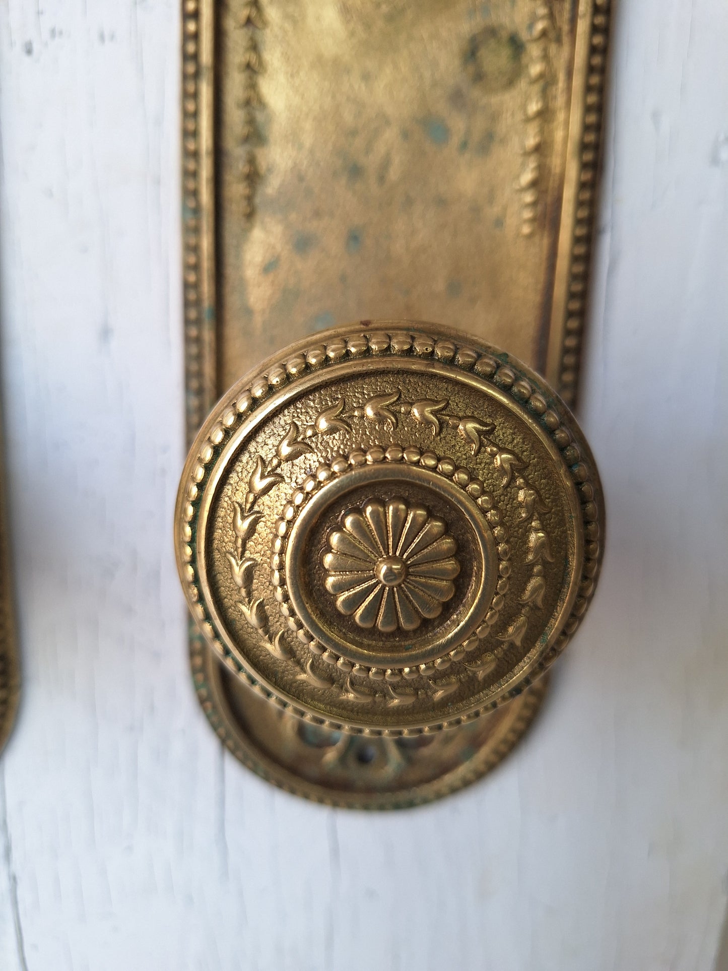 Entry Set of Ornate Solid Bronze Antique Backplates and Knobs, Set of Door Hardware 041604