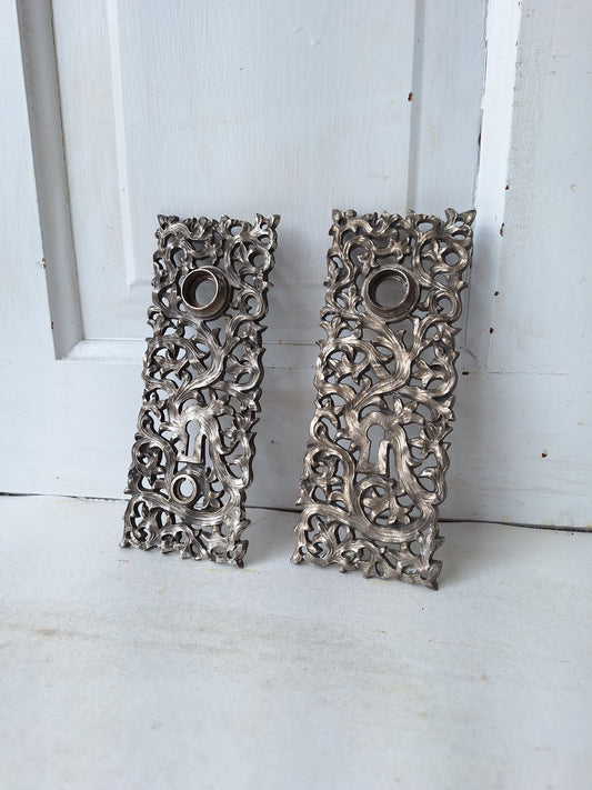 Pair of Yale Kelp Design Doorknob Backplates, Nickel Plated Antique Door Knob Back Plates, Victorian Era Door Hardware 051406