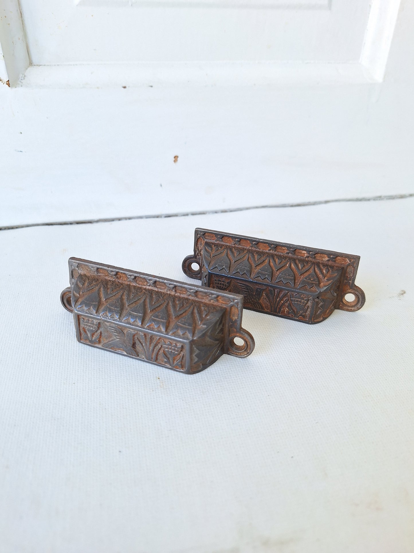 Pair of Flying Dove Iron Drawer Pulls, Russell Erwin Dove Flying Bird Handles, 051806