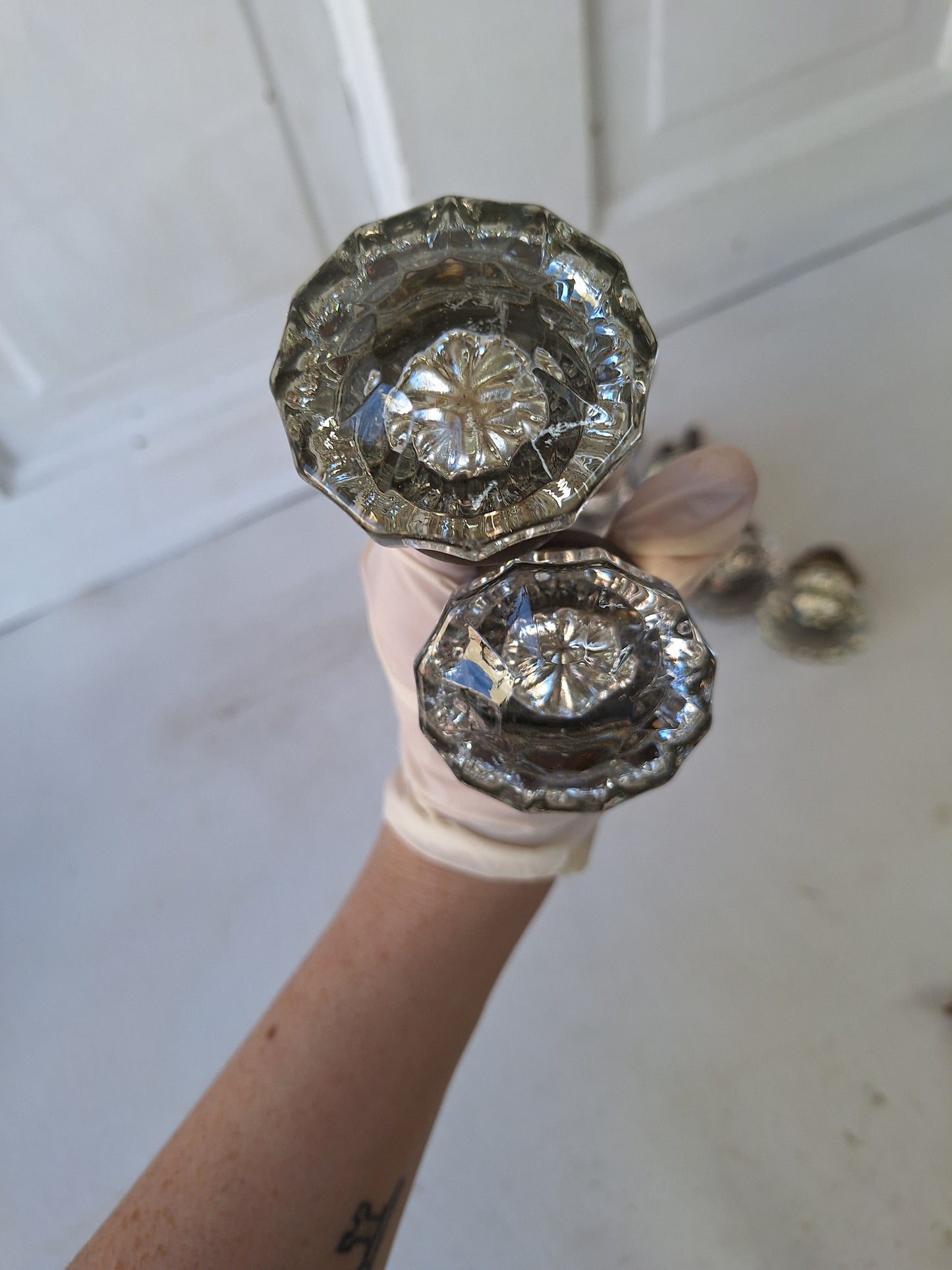 Twelve Point Antique Glass Doorknob Set, Crystal Door Knob Pair with Brass Shanks 052401