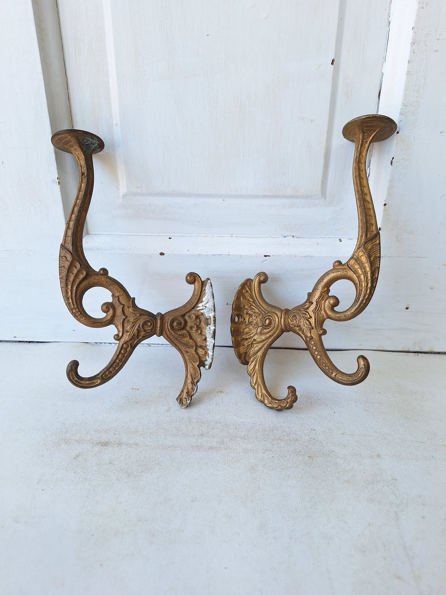 Two Cast Iron Victorian Hat or Coat Hooks, Large Ornate Iron Wall Hat Hooks