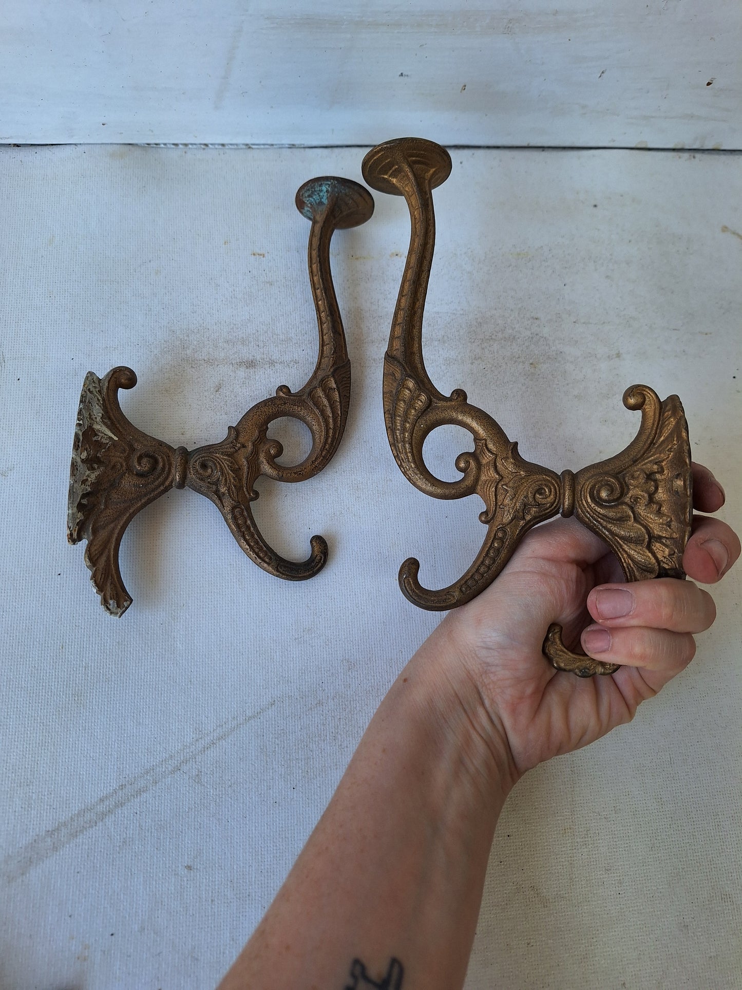 Two Cast Iron Victorian Hat or Coat Hooks, Large Ornate Iron Wall Hat Hooks