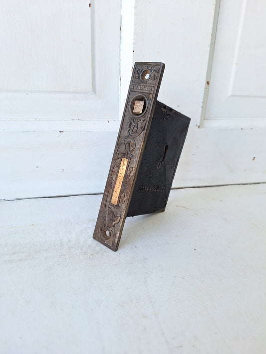 Ornate Iron and Bronze Antique Pocket Door Mortise Lock, Rolling Door Lock Working Condition 052701