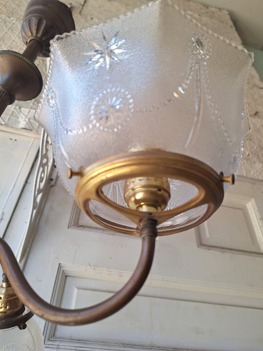 Converted Gas and Electric Antique Chandelier, Victorian Era Brass Gasolier Light