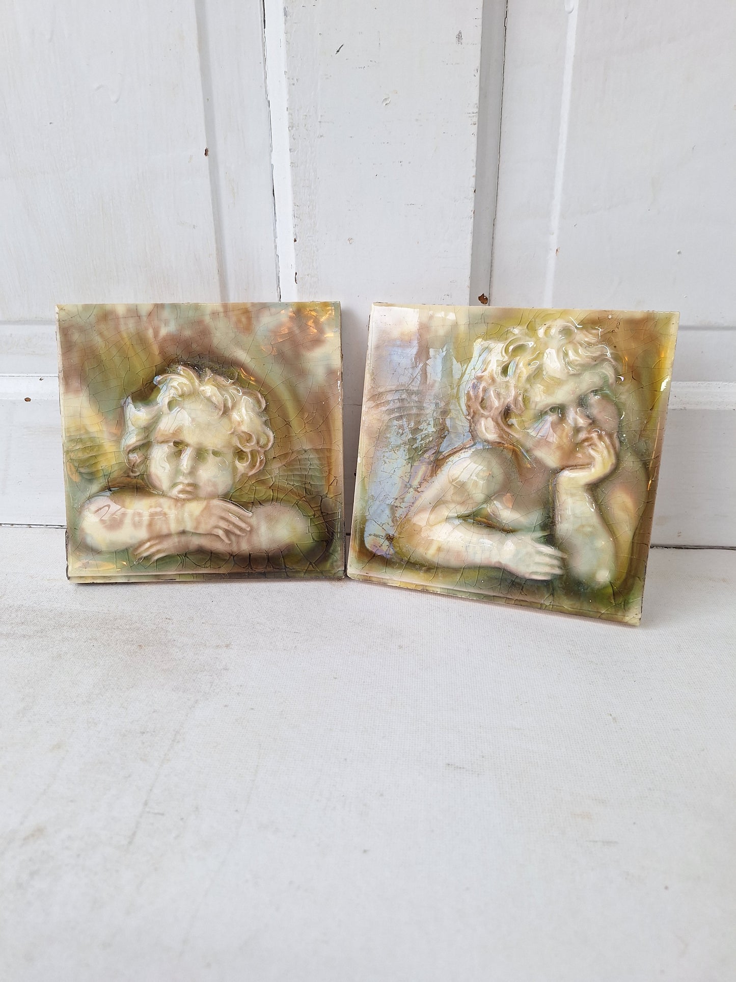 Pair of 6 x 6 Victorian Angel Tiles, Antique Cherub Fireplace Tile, Glazed Ceramic, Victorian Style, Fireplace Surround Tile