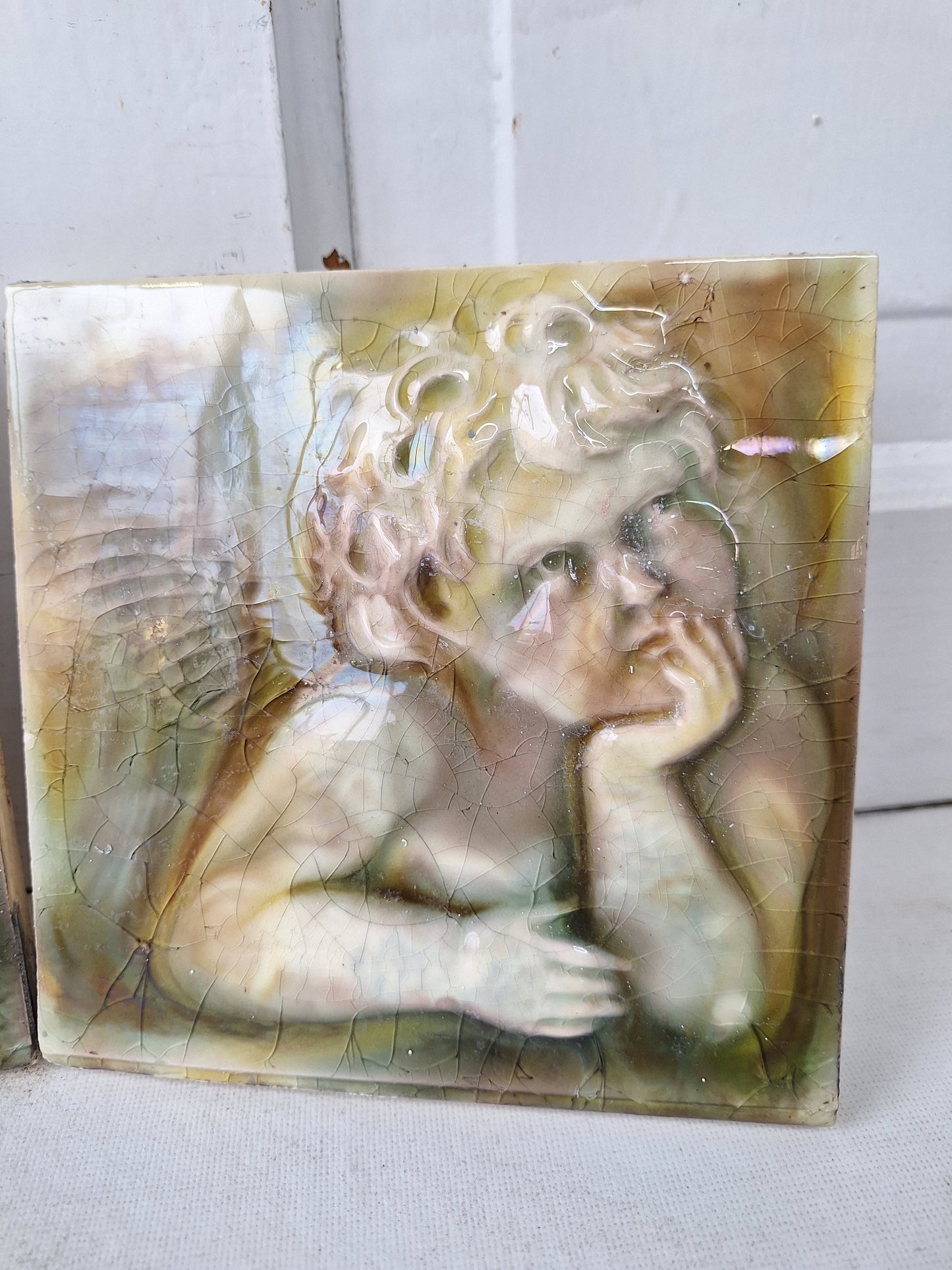 Pair of 6 x 6 Victorian Angel Tiles, Antique Cherub Fireplace Tile, Glazed Ceramic, Victorian Style, Fireplace Surround Tile