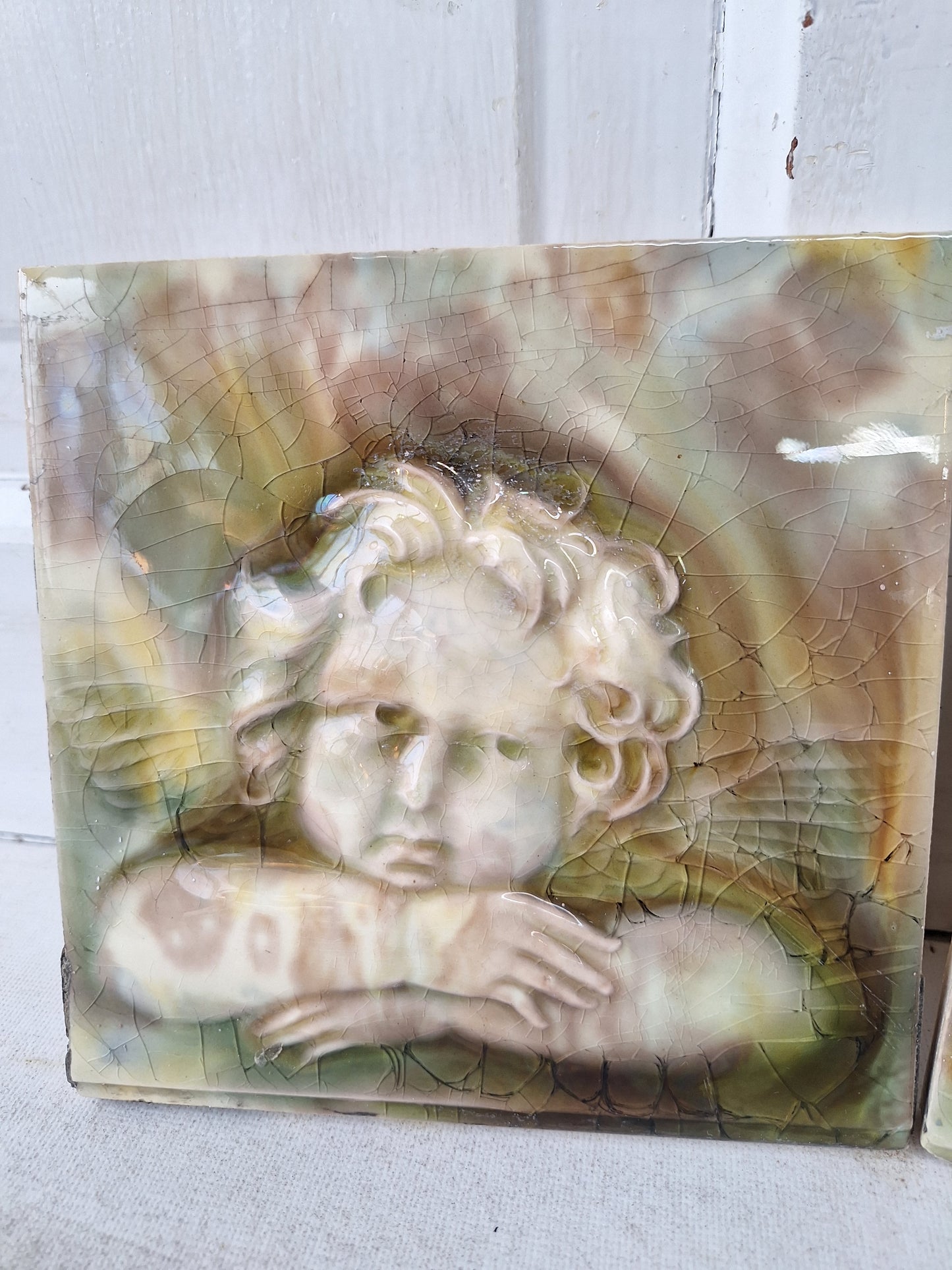 Pair of 6 x 6 Victorian Angel Tiles, Antique Cherub Fireplace Tile, Glazed Ceramic, Victorian Style, Fireplace Surround Tile