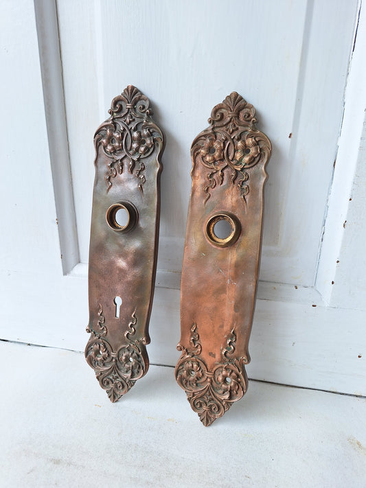 Pair Victorian Era Yale Bronze Door Plates, Antique Ornate Doorknob Backplates, Bronze Door Hardware Back Plates 060104