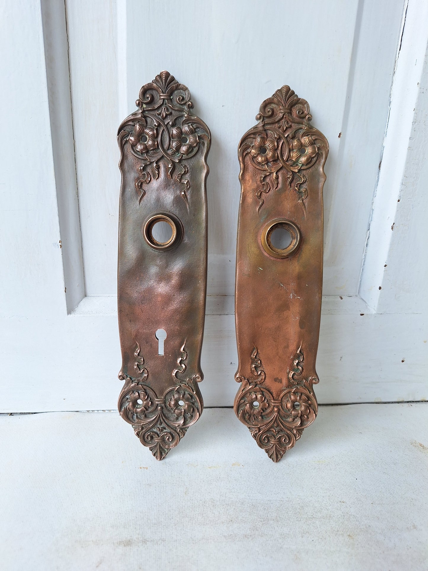 Pair Victorian Era Yale Bronze Door Plates, Antique Ornate Doorknob Backplates, Bronze Door Hardware Back Plates 060104