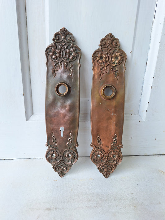 Pair Victorian Era Yale Bronze Door Plates, Antique Ornate Doorknob Backplates, Bronze Door Hardware Back Plates 060104