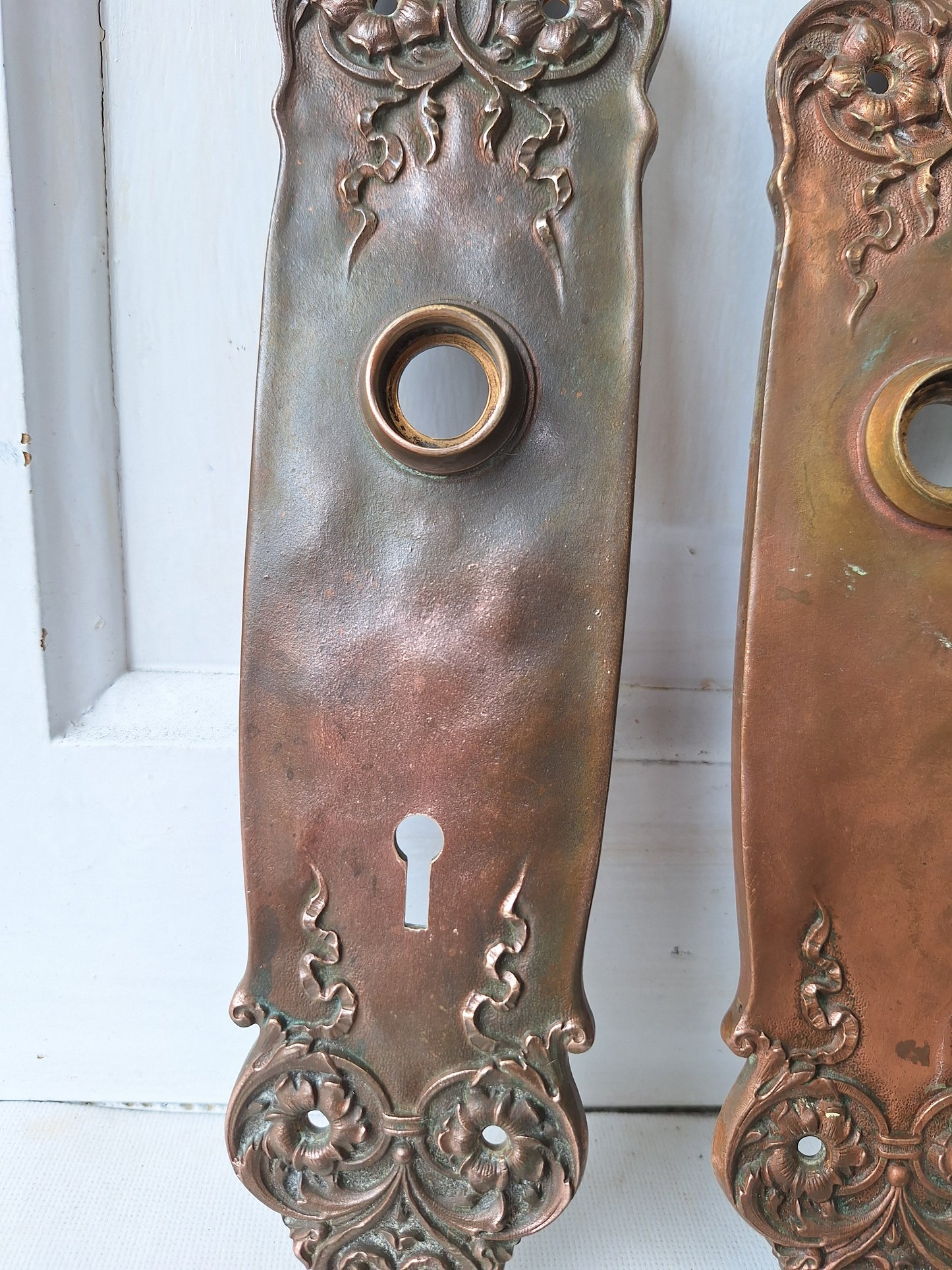 Pair Victorian Era Yale Bronze Door Plates, Antique Ornate Doorknob Backplates, Bronze Door Hardware Back Plates 060104