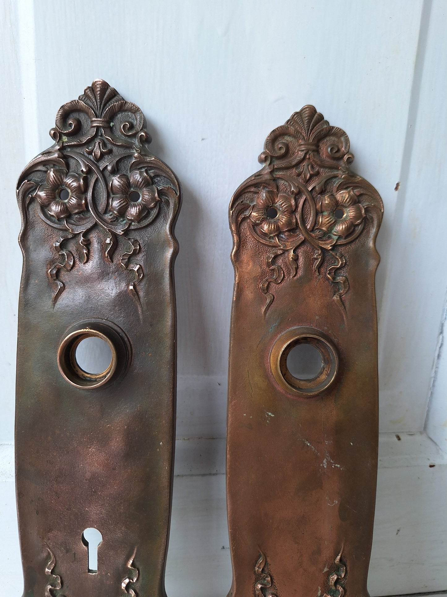 Pair Victorian Era Yale Bronze Door Plates, Antique Ornate Doorknob Backplates, Bronze Door Hardware Back Plates 060104