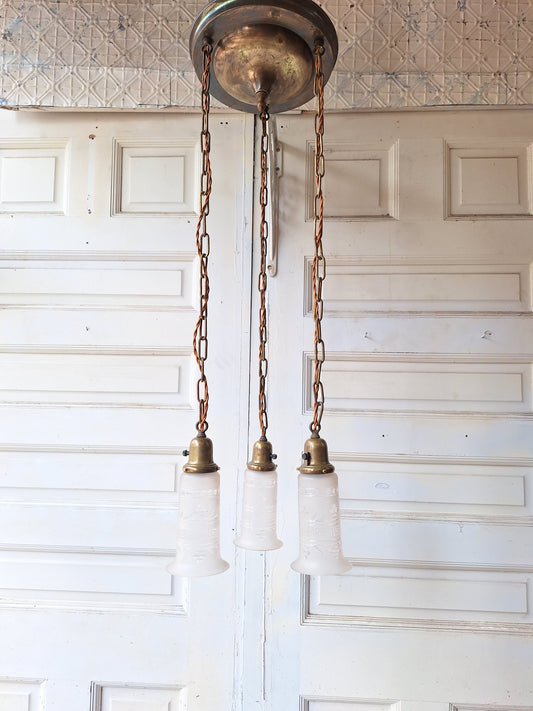 Antique Brass Pan Light with Three Hanging Chain Lights, Large Flush Mount Ceiling Light with Hanging Sockets (Copy)