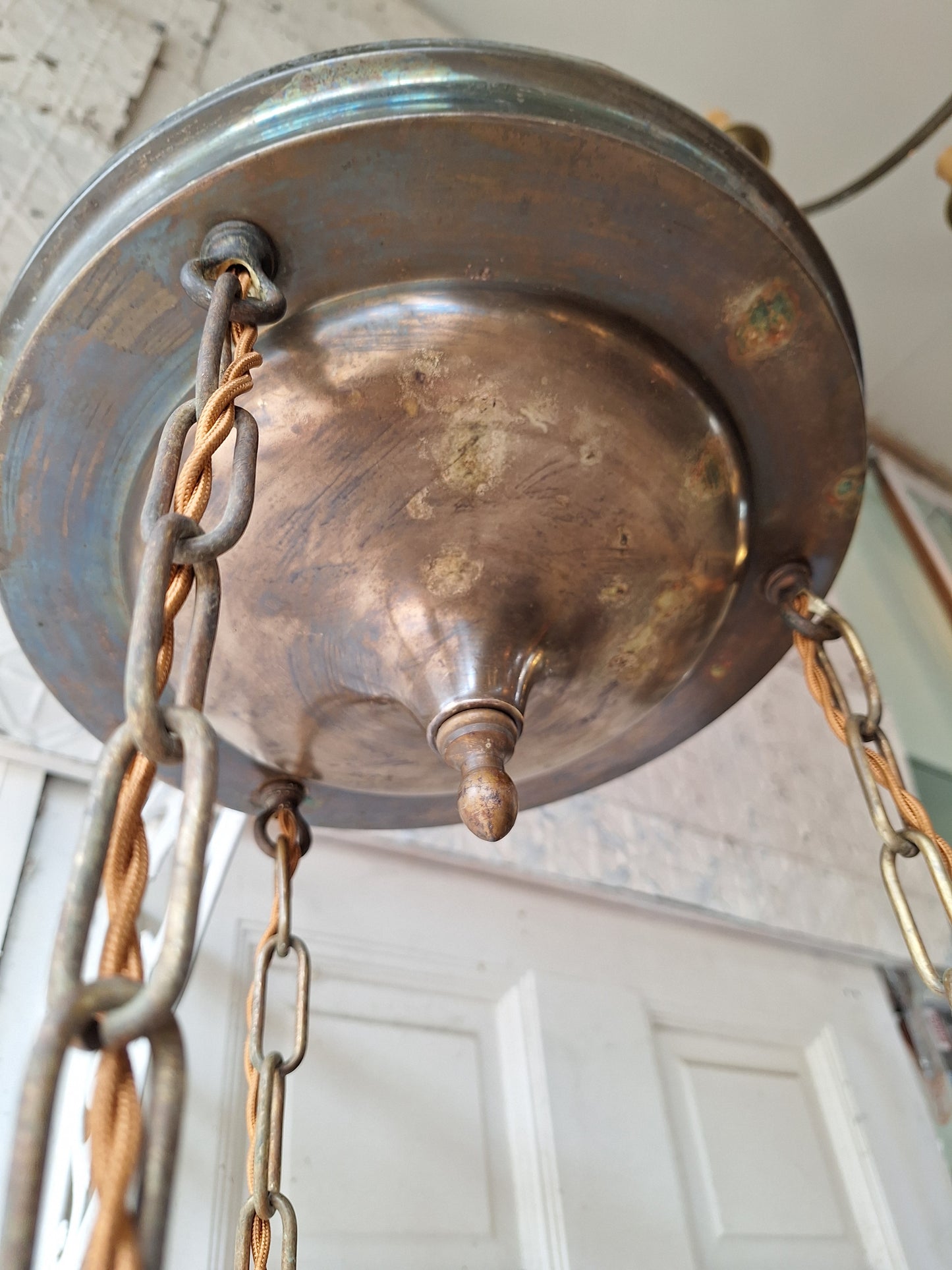 Antique Brass Pan Light with Three Hanging Chain Lights, Large Flush Mount Ceiling Light with Hanging Sockets (Copy)