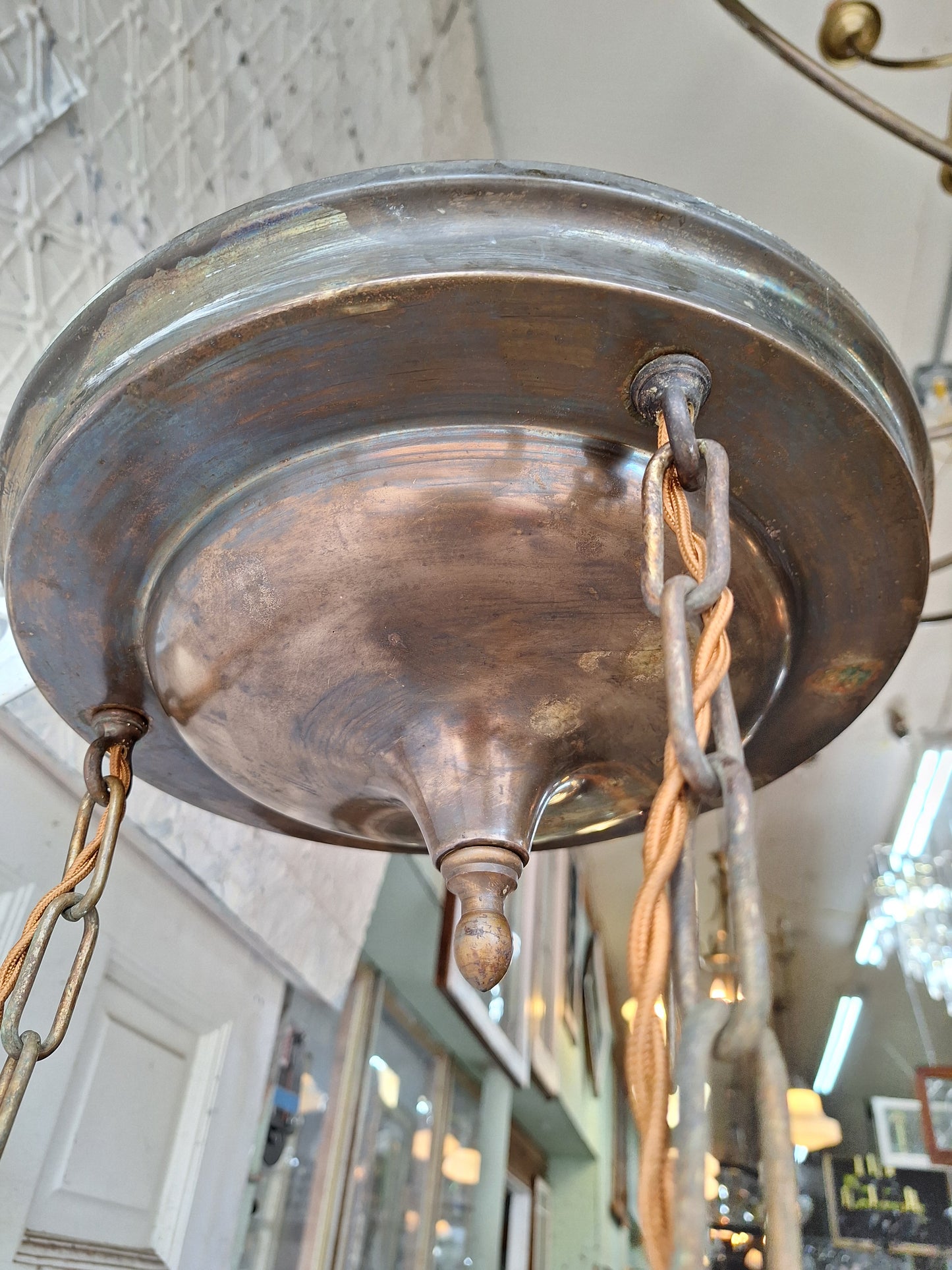 Antique Brass Pan Light with Three Hanging Chain Lights, Large Flush Mount Ceiling Light with Hanging Sockets (Copy)