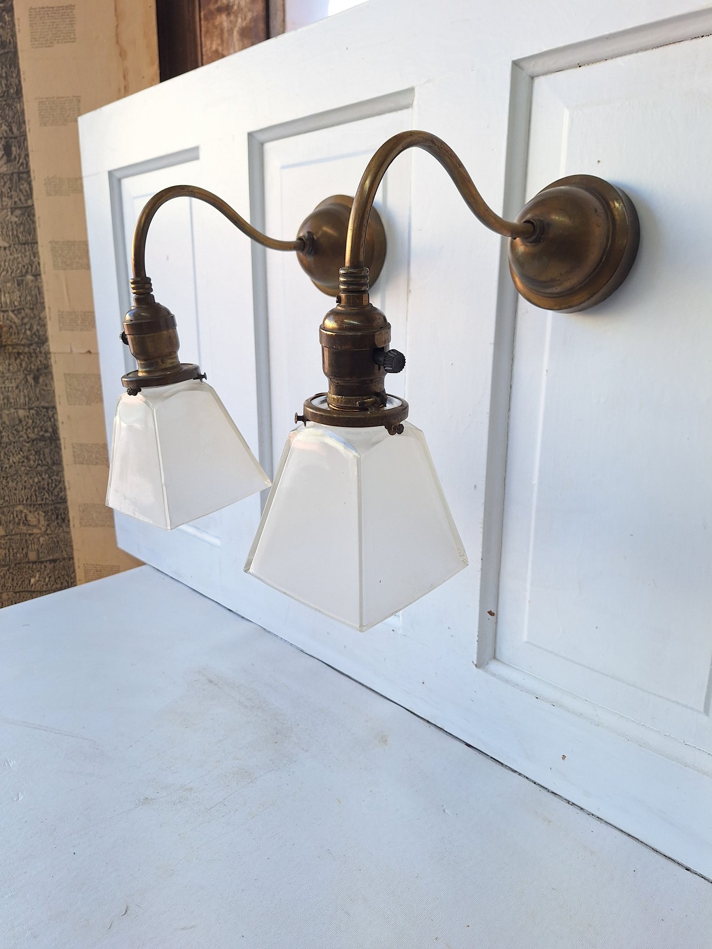 Antique Brass Sconces with Square Glass Shades, Wall Sconce Lights with Square Glass Globes