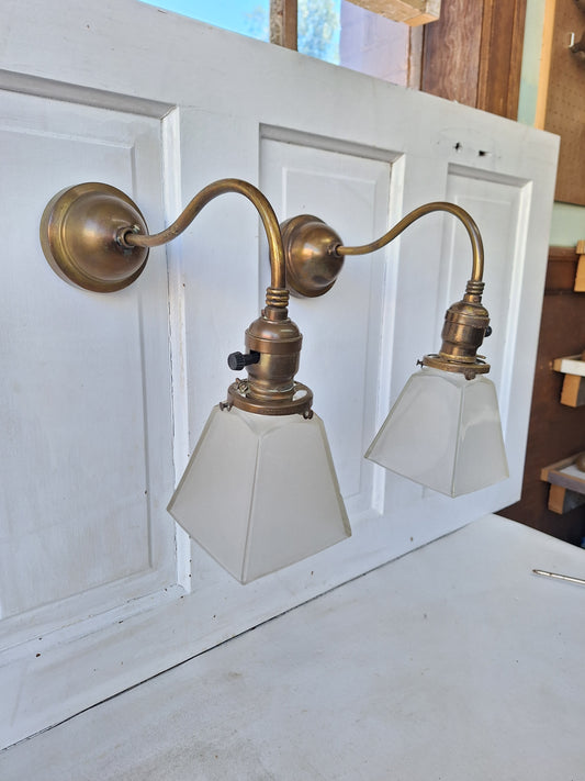 Antique Brass Sconces with Square Glass Shades, Wall Sconce Lights with Square Glass Globes