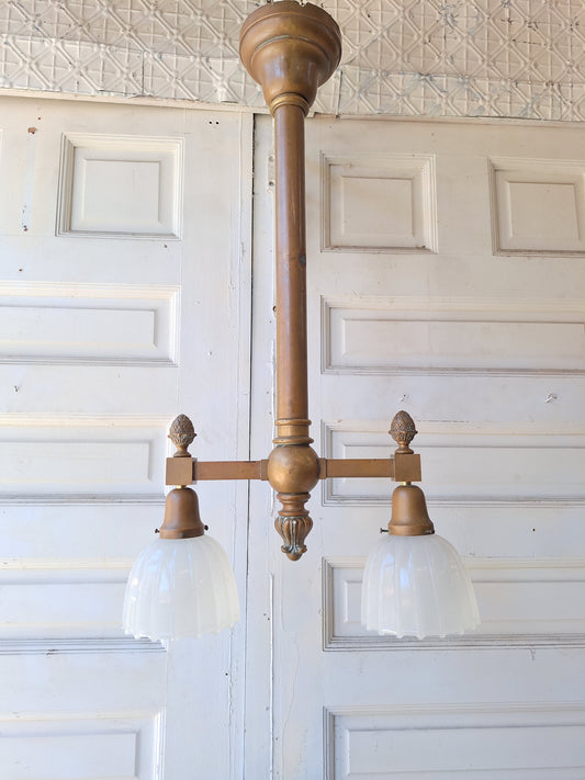 Large Heavy Bronze Chandelier with Clam Broth Shades, Chandelier with Scalloped Glass Shades, Fancy Antique Chandelier