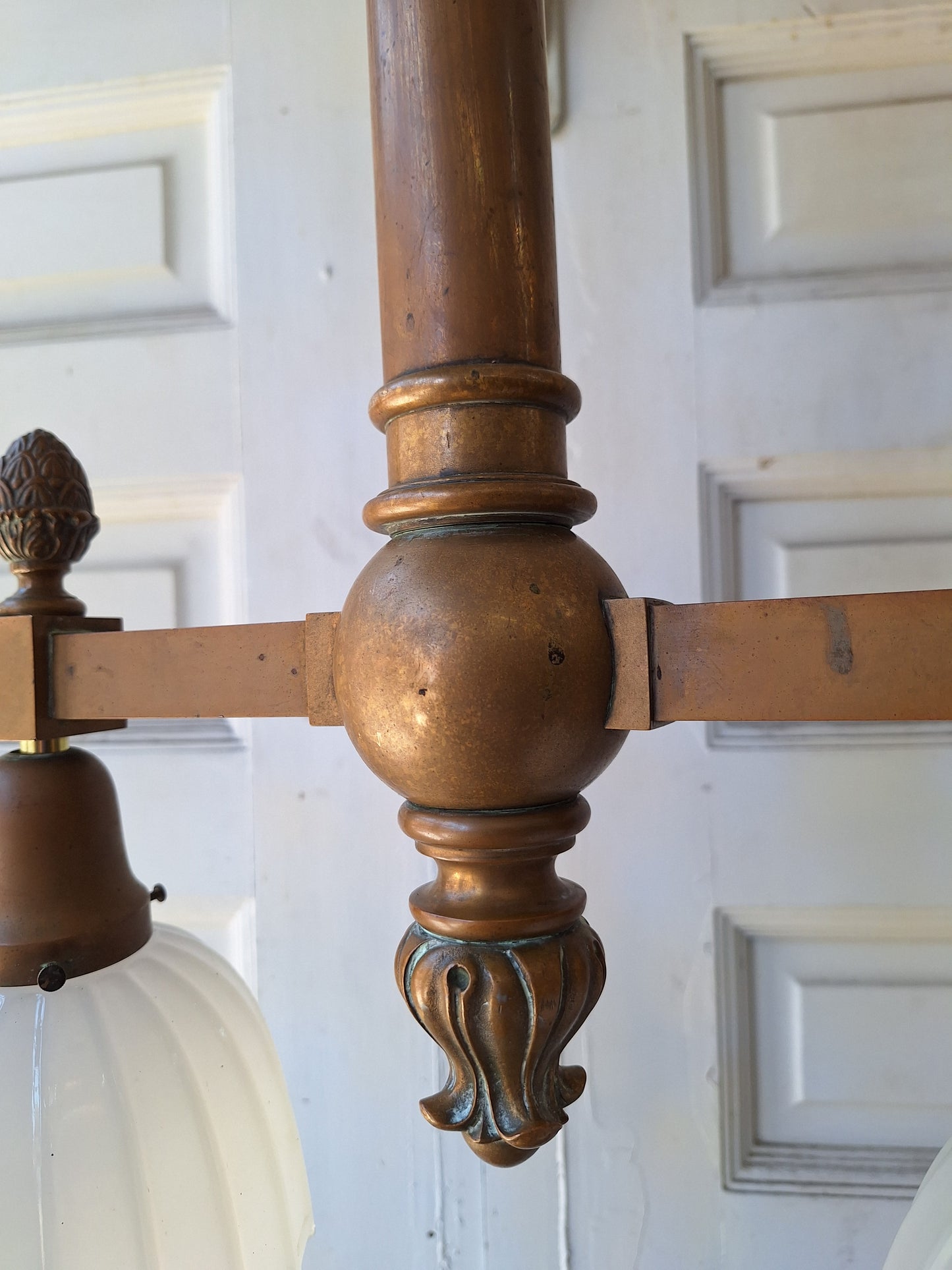 Large Heavy Bronze Chandelier with Clam Broth Shades, Chandelier with Scalloped Glass Shades, Fancy Antique Chandelier