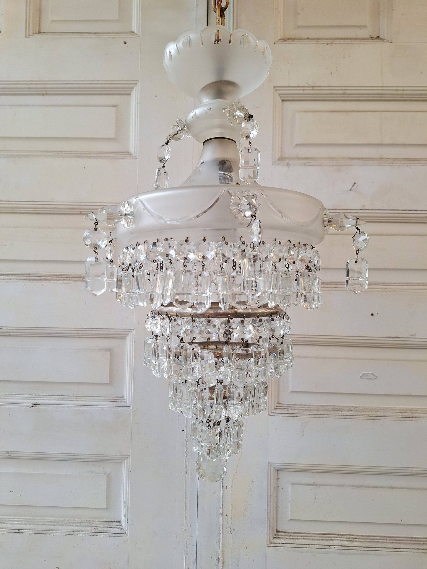 Antique Crystal Wedding Cake or Waterfall Chandelier, Empire Style Cut Glass Tiered Light 070902