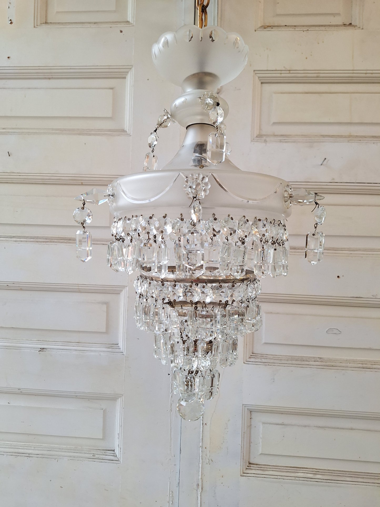 Antique Crystal Wedding Cake or Waterfall Chandelier, Empire Style Cut Glass Tiered Light 070902