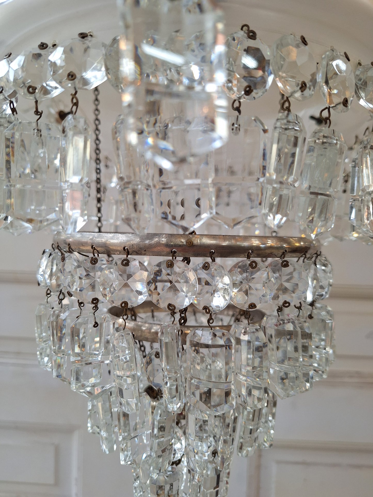 Antique Crystal Wedding Cake or Waterfall Chandelier, Empire Style Cut Glass Tiered Light 070902