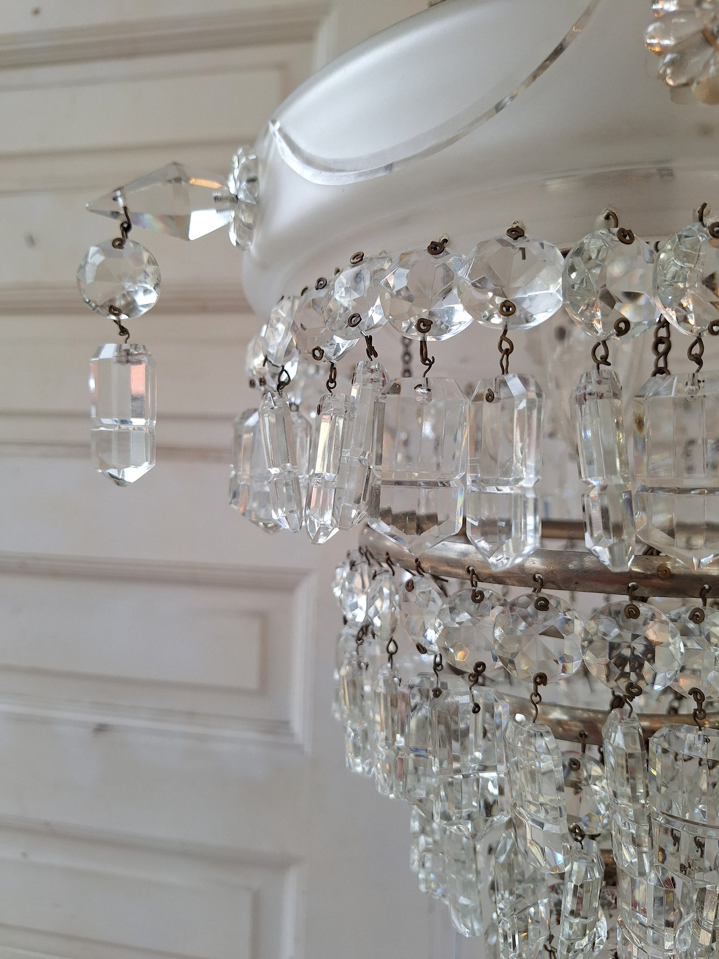 Antique Crystal Wedding Cake or Waterfall Chandelier, Empire Style Cut Glass Tiered Light 070902