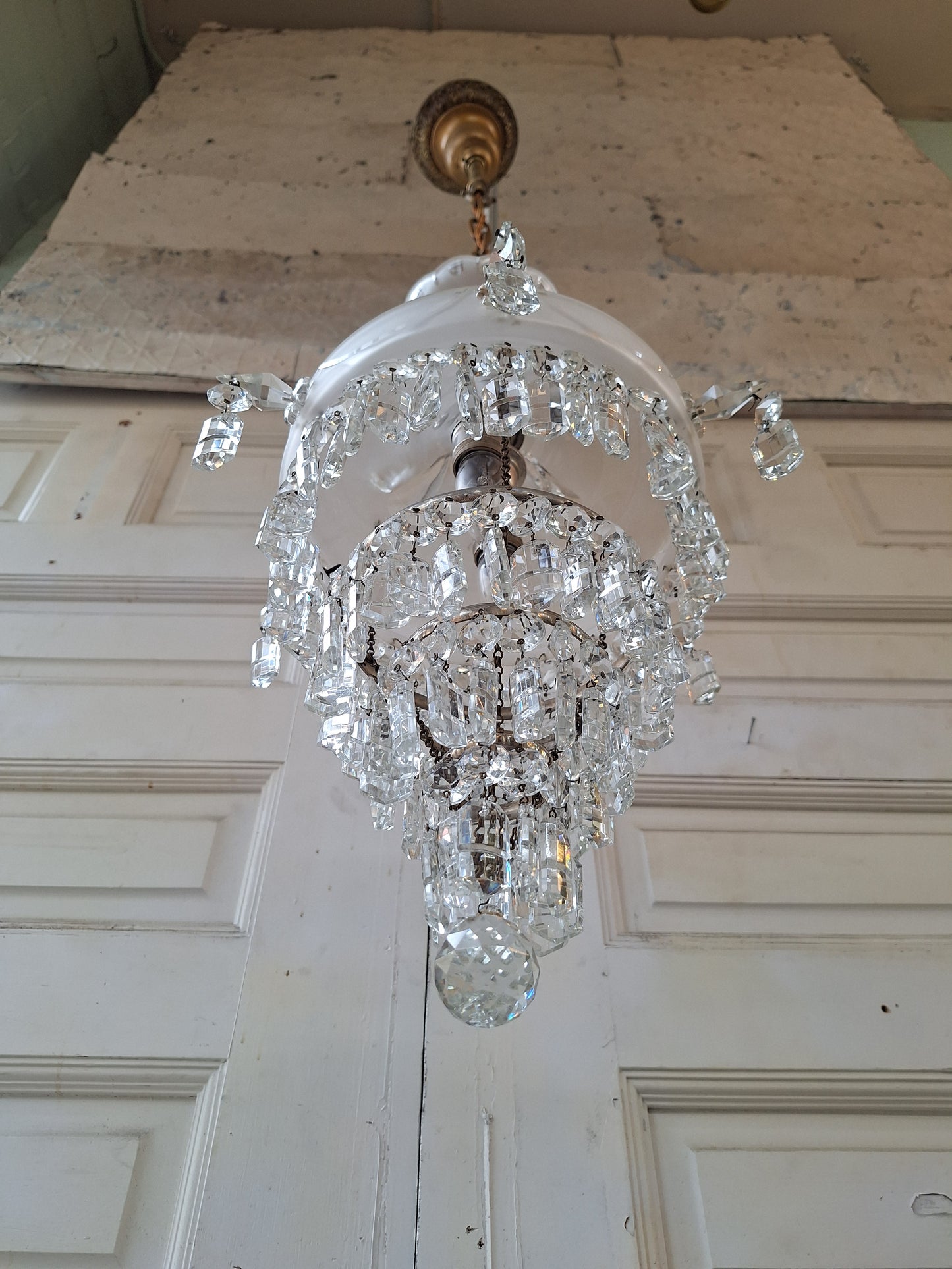 Antique Crystal Wedding Cake or Waterfall Chandelier, Empire Style Cut Glass Tiered Light 070902