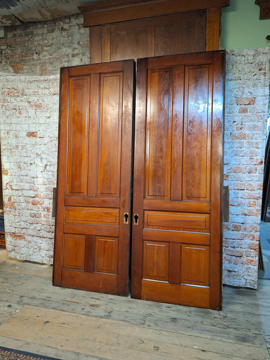 72" Wide by 101" Tall Antique Pair of Pocket Doors, Victorian Solid Wood Recessed Doors Set