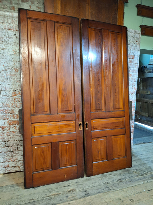 72" Wide by 101" Tall Antique Pair of Pocket Doors, Victorian Solid Wood Recessed Doors Set