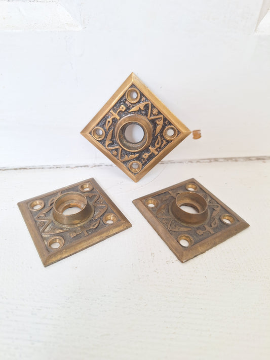 Three Square Doorknob Rosettes, Eastlake Bronze Square Backplates, Door Knob Back Plate, Square Backplate Architecture Salvage 071305