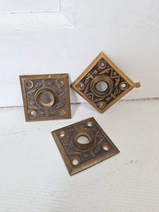 Three Square Doorknob Rosettes, Eastlake Bronze Square Backplates, Door Knob Back Plate, Square Backplate Architecture Salvage 071305