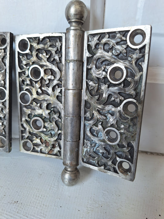 Pair of Yale Kelp Design Door Hinges, Nickel Plated Antique Door Hinges, Victorian Era 071320