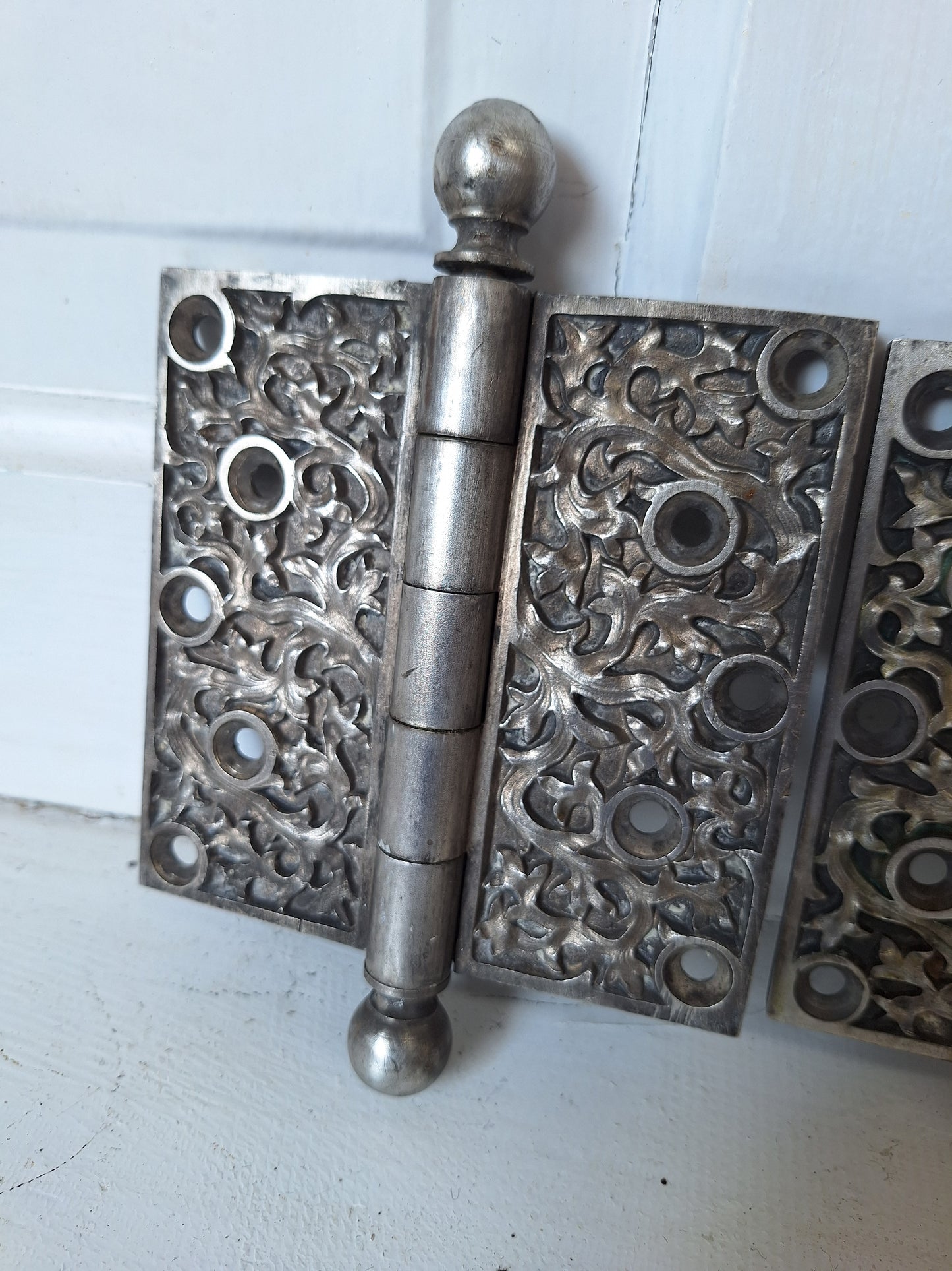 Pair of Yale Kelp Design Door Hinges, Nickel Plated Antique Door Hinges, Victorian Era 071320