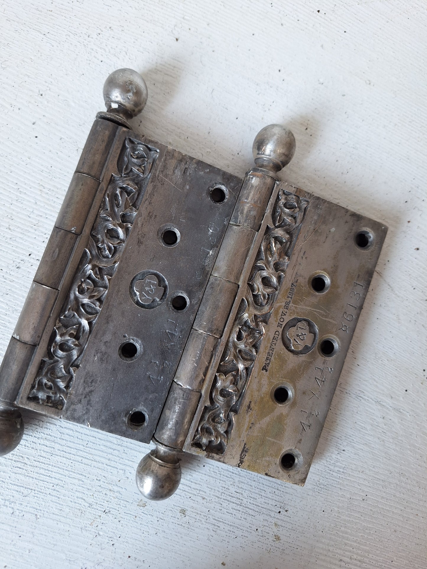 Pair of Yale Kelp Design Door Hinges, Nickel Plated Antique Door Hinges, Victorian Era 071320