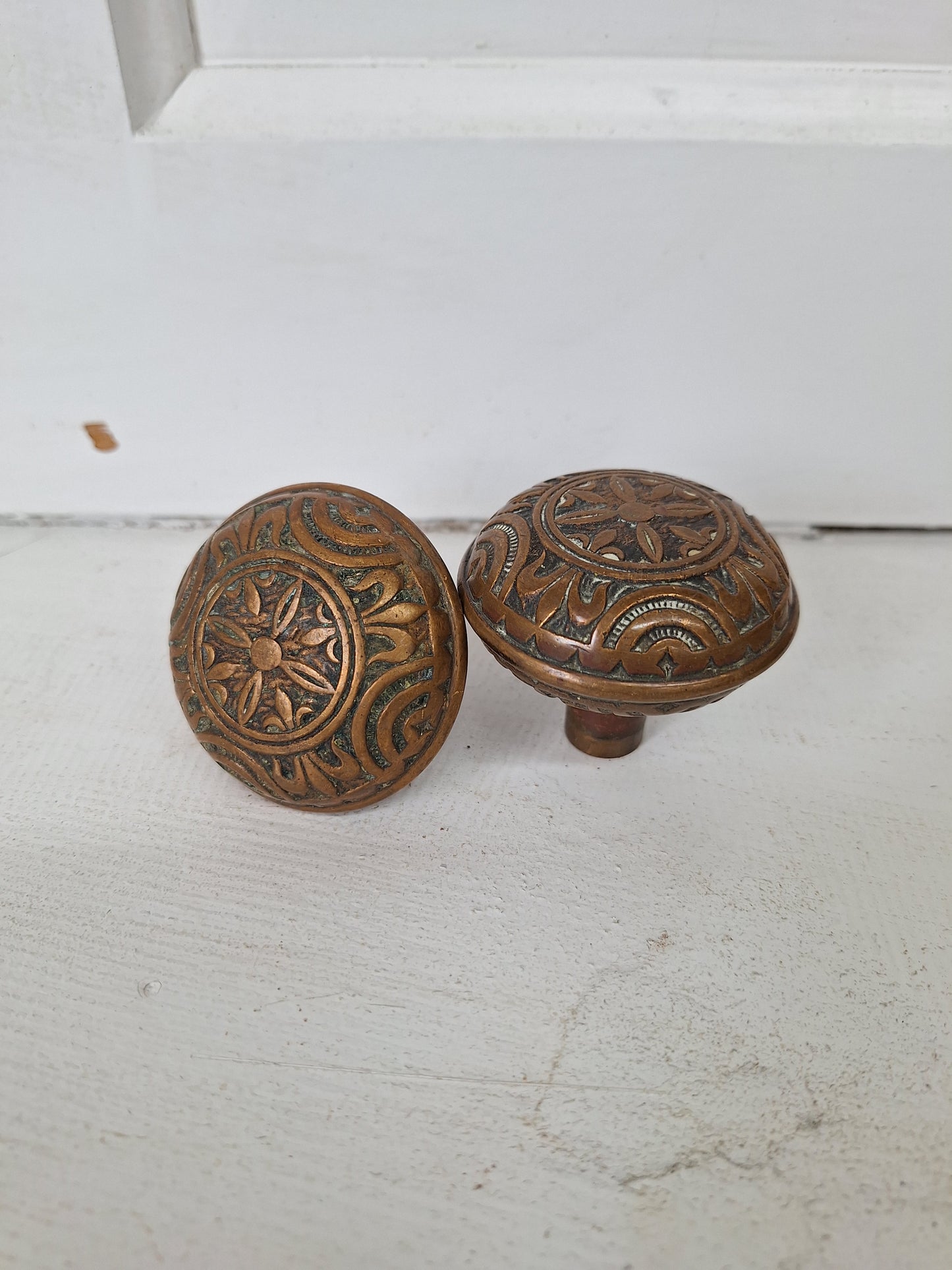 Two Victorian Era Bronze Knobs, Antique 1900s Eastlake Flower Design Fancy Doorknobs 071602