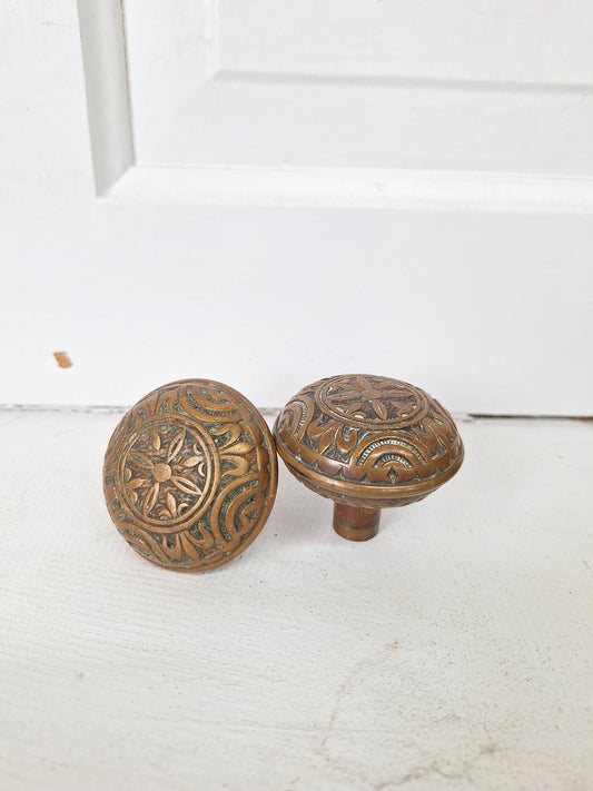 Two Victorian Era Bronze Knobs, Antique 1900s Eastlake Flower Design Fancy Doorknobs 071602