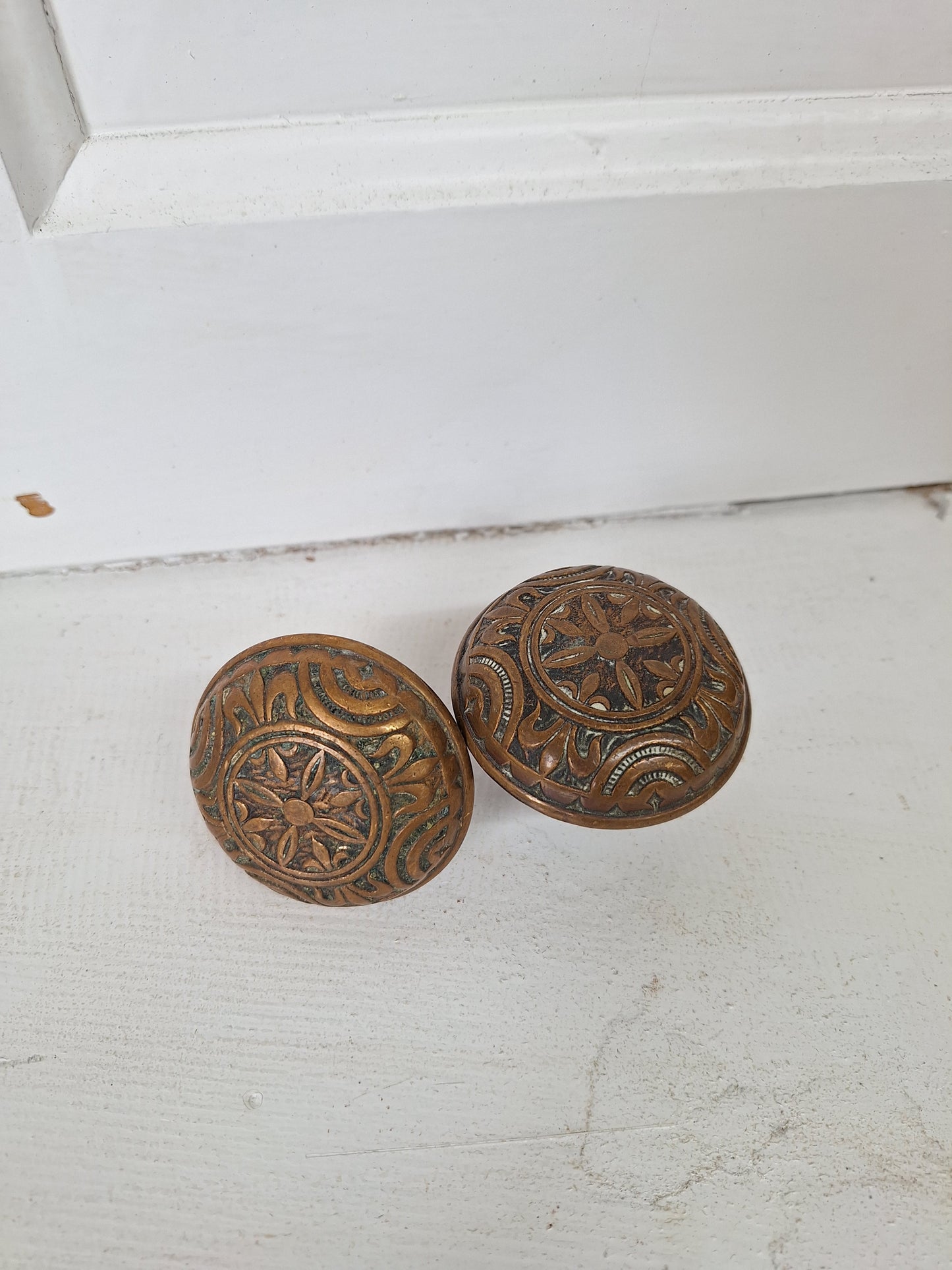 Two Victorian Era Bronze Knobs, Antique 1900s Eastlake Flower Design Fancy Doorknobs 071602